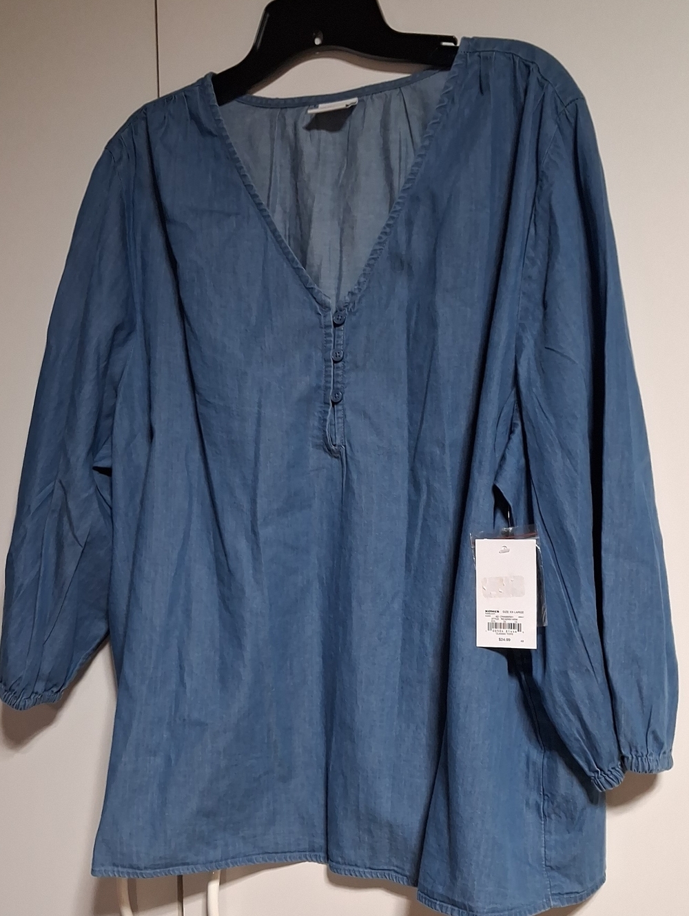 Croft & Barrow Chambray Blue V-Neck Button Pullover Blouse